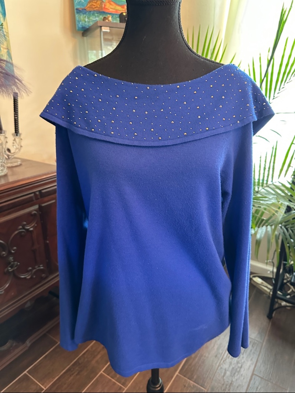 Milano Royal Blue Off-Shoulder Sweater with Studded Collar